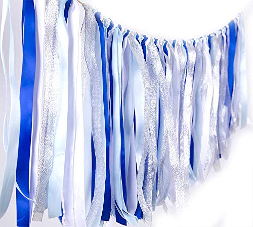 Fabric ribbon garlands with Tassel Garland already assembled ribbon hanging decoration for Baby shower, Weddings,Birthday,Anniversary, Graduation Party decoration Supplies Blue Light Blue White Silver