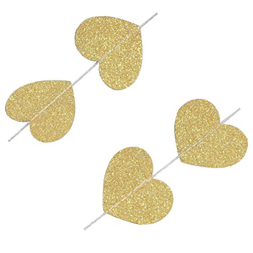 Koker Glitter Paper Heart Garland Banner, Heart-Shaped Hanging String Decoration for Weddings or Party Backdrop, Baby Shower, Glitter Gold, 13 Feet/4 m