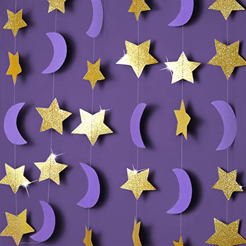 Purple Gold Moon Star Garland for Twinkle Twinkle Little Star Party Decoration/First Birthday/Baby Shower/Wedding/Kids Room/Nursery/Ramadan EID/Graduation Decor/Goodnight Moon Party Decorations