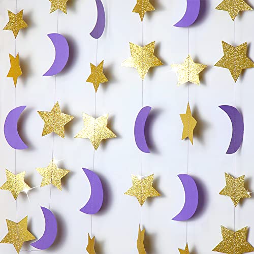 Purple Gold Moon Star Garland for Twinkle Twinkle Little Star Party Decoration/First Birthday/Baby Shower/Wedding/Kids Room/Nursery/Ramadan EID/Graduation Decor/Goodnight Moon Party Decorations