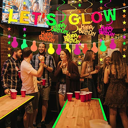 Glow Party Supplies and Decorations, 127.9ft Neon Party Decorations with Banner UV Blacklight Reactive Tape Swirls Hanging Garlands Fluorescent Balloons for Glow in The Dark Party Decorations