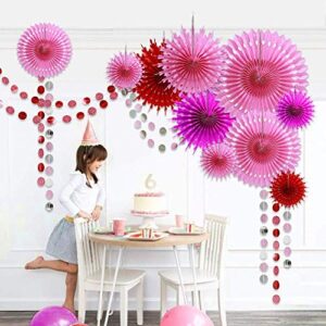 Rose Red Pink Party Decorations Hanging Pom Pom Paper Fan Glittering Circle Dot Garland Streamer Backdrop Girls Room Party Birthday Wedding Shower Bridal Shower Bachelorette Anniversary Decor