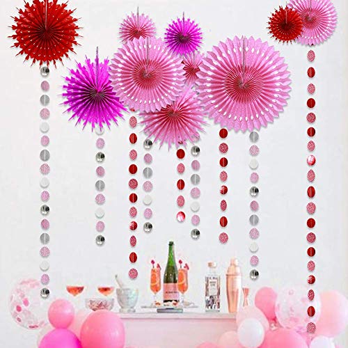 Rose Red Pink Party Decorations Hanging Pom Pom Paper Fan Glittering Circle Dot Garland Streamer Backdrop Girls Room Party Birthday Wedding Shower Bridal Shower Bachelorette Anniversary Decor