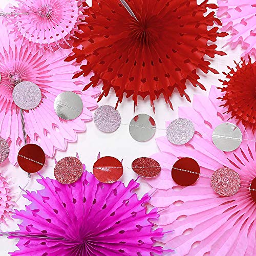 Rose Red Pink Party Decorations Hanging Pom Pom Paper Fan Glittering Circle Dot Garland Streamer Backdrop Girls Room Party Birthday Wedding Shower Bridal Shower Bachelorette Anniversary Decor