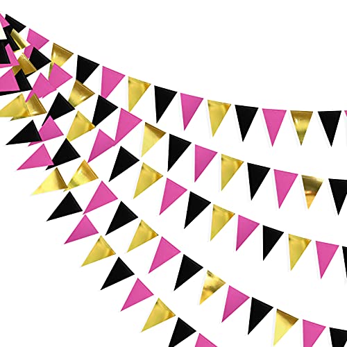 30 Ft Black Hot Pink and Gold Party Decorations Hanging Paper Triangle Banner Bunting Flag Pennant Garland for Birthday Bachelorette Engagement Wedding Baby Bridal Shower Anniversary Party Supplies