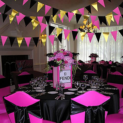 30 Ft Black Hot Pink and Gold Party Decorations Hanging Paper Triangle Banner Bunting Flag Pennant Garland for Birthday Bachelorette Engagement Wedding Baby Bridal Shower Anniversary Party Supplies