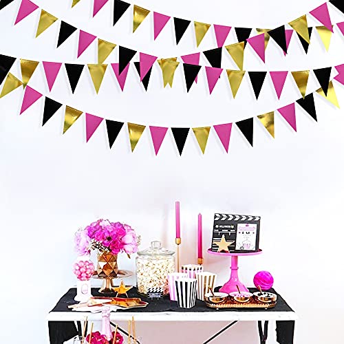 30 Ft Black Hot Pink and Gold Party Decorations Hanging Paper Triangle Banner Bunting Flag Pennant Garland for Birthday Bachelorette Engagement Wedding Baby Bridal Shower Anniversary Party Supplies