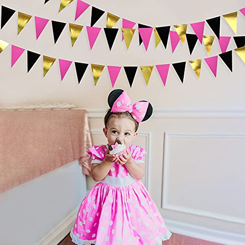 30 Ft Black Hot Pink and Gold Party Decorations Hanging Paper Triangle Banner Bunting Flag Pennant Garland for Birthday Bachelorette Engagement Wedding Baby Bridal Shower Anniversary Party Supplies