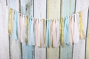 fabric tassel garland rag tie garland shabby chic blush banner for wedding decor baby shower party decor home decor wall hanging boho decor birthday banner (pink+gold+blue)