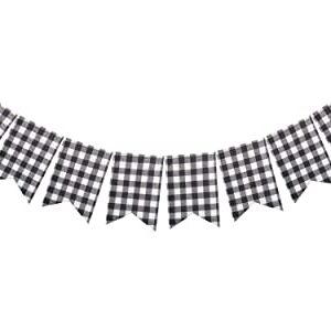 FAKTEEN Buffalo Check Plaid Banner for Christmas Mantel Fireplace Decorations – Black and White Gingham Bunting Garland Baby Shower Birthday Party Supplies