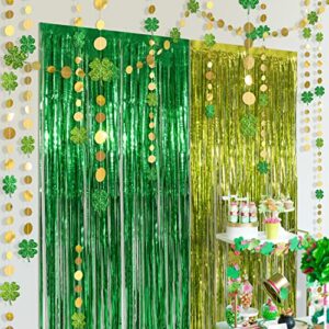 Green Gold Tinsel Foil Fringe Curtain Backdrop Shamrock Clover Garland Kit for St Patrick’s Day Decorations Irish Party Decoration Spring Wedding Engagement Birthday Party Supplies