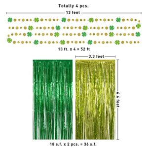 Green Gold Tinsel Foil Fringe Curtain Backdrop Shamrock Clover Garland Kit for St Patrick’s Day Decorations Irish Party Decoration Spring Wedding Engagement Birthday Party Supplies