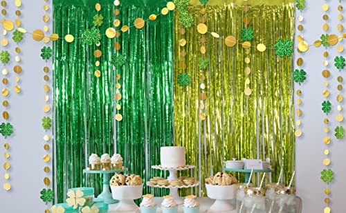 Green Gold Tinsel Foil Fringe Curtain Backdrop Shamrock Clover Garland Kit for St Patrick’s Day Decorations Irish Party Decoration Spring Wedding Engagement Birthday Party Supplies