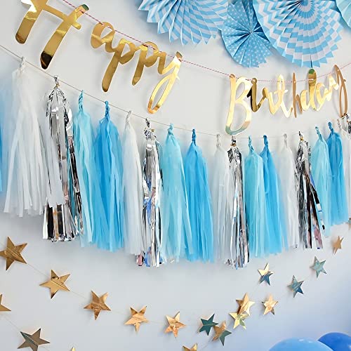 Qyeaber 20 pcs DIY Paper Tassel Tinsel Foil Tassel Party Garland, Silver/White/ Blue , Fringe Garland Banner for Wedding, Valentine's Day, Baby Shower,Birthday, Graduation, Event & Party Decorations