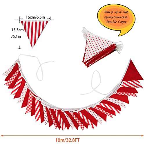 Zwiebeco 32Ft Red White Plaid Stripe Dot Fabric Bunting Banner Triangle Flags Cotton Garland Pennant for Birthday Wedding Engagement Carnival Party Classroom Nursery Home Outdoor Garden Decorations