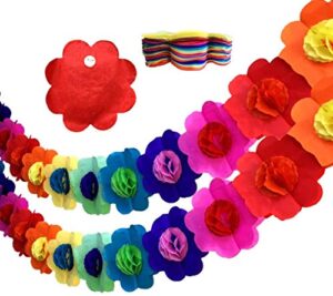 2pcs 9 feet rainbow honeycomb paper garland flower banner,mexican paper garland hibiscus garland,large tropical tissue paper flowers for luau party hawaiian fiesta handcrafted hanging decorations