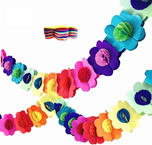 2pcs 9 Feet Rainbow Honeycomb Paper Garland Flower Banner,Mexican Paper Garland Hibiscus Garland,Large Tropical Tissue Paper Flowers for Luau Party Hawaiian Fiesta Handcrafted Hanging Decorations