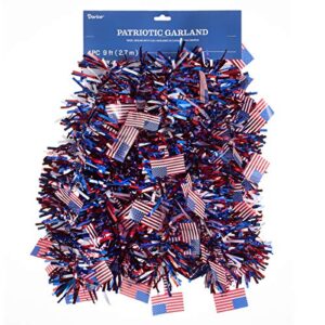 patriotic tri-color tinsel garland w/flag accents: 9 feet