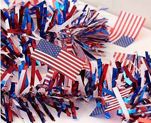 Patriotic Tri-Color Tinsel Garland w/Flag Accents: 9 feet