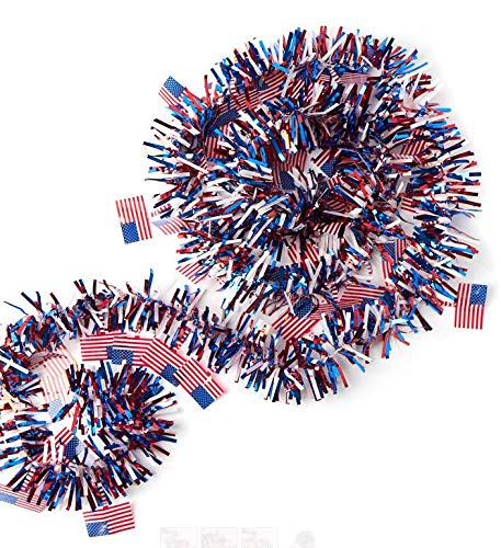 Patriotic Tri-Color Tinsel Garland w/Flag Accents: 9 feet