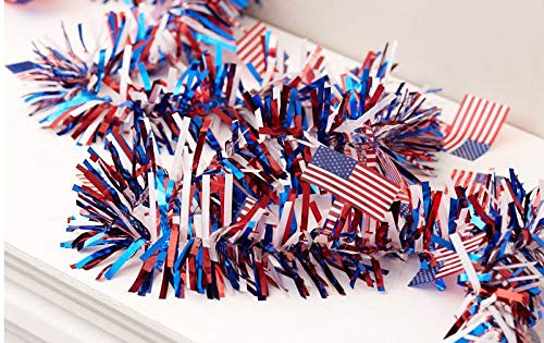 Patriotic Tri-Color Tinsel Garland w/Flag Accents: 9 feet