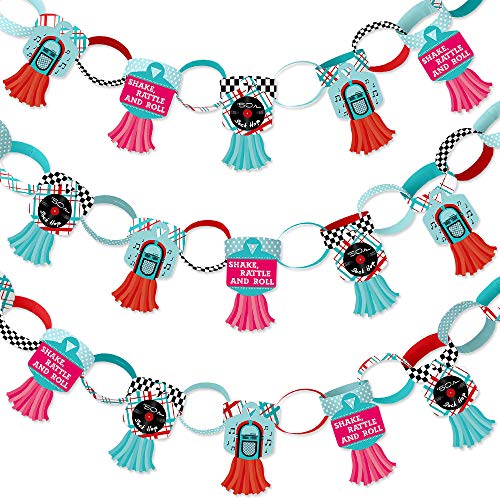 Big Dot of Happiness 50’s Sock Hop - 90 Chain Links and 30 Paper Tassels Decoration Kit - 1950s Rock N Roll Party Paper Chains Garland - 21 feet