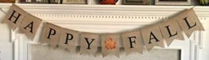 happy fall burlap banner – assembled with maple leaf design – harvest time & halloween party decor – thanksgiving pre strung holiday garland by jolly jon