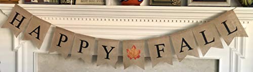 Happy Fall Burlap Banner - Assembled with Maple Leaf Design - Harvest Time & Halloween Party Decor - Thanksgiving Pre Strung Holiday Garland by Jolly Jon