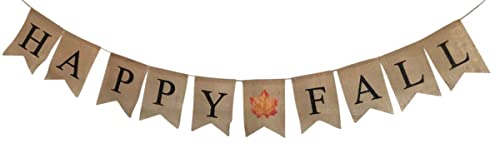 Happy Fall Burlap Banner - Assembled with Maple Leaf Design - Harvest Time & Halloween Party Decor - Thanksgiving Pre Strung Holiday Garland by Jolly Jon