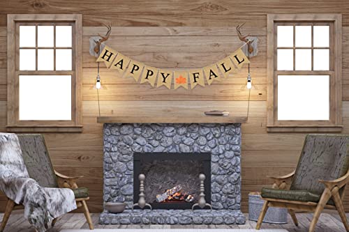 Happy Fall Burlap Banner - Assembled with Maple Leaf Design - Harvest Time & Halloween Party Decor - Thanksgiving Pre Strung Holiday Garland by Jolly Jon