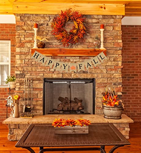 Happy Fall Burlap Banner - Assembled with Maple Leaf Design - Harvest Time & Halloween Party Decor - Thanksgiving Pre Strung Holiday Garland by Jolly Jon