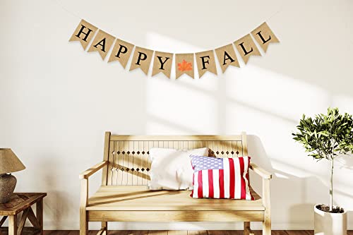 Happy Fall Burlap Banner - Assembled with Maple Leaf Design - Harvest Time & Halloween Party Decor - Thanksgiving Pre Strung Holiday Garland by Jolly Jon