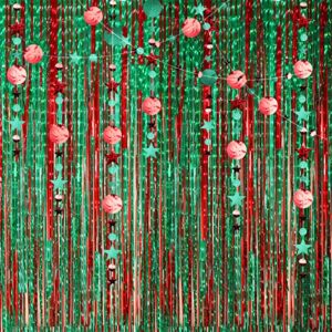 christmas party decoration backdrop – 4 pack foil fringe curtains tinsel curtain and 2pcs glitter circle dots star garlands for birthday xmas holiday new year eve party decorations (red and green)