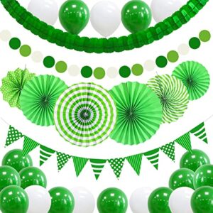 green party decorations – green hanging triangle flags banner round garland four-leaf clover garland paper fans balloons for men women birthday st patrick’s day decorations graduation baby shower