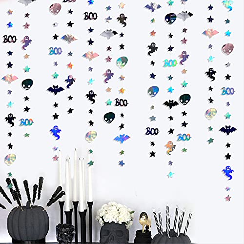 52 Feet Halloween Party Decorations Garlands Streamer BOO Sign Ghost Bat Skull Star Hanging Paper Banner Bunting in Iridescent Black Silver for Halloween All Hallows Eve Birthday Home Party Supplies