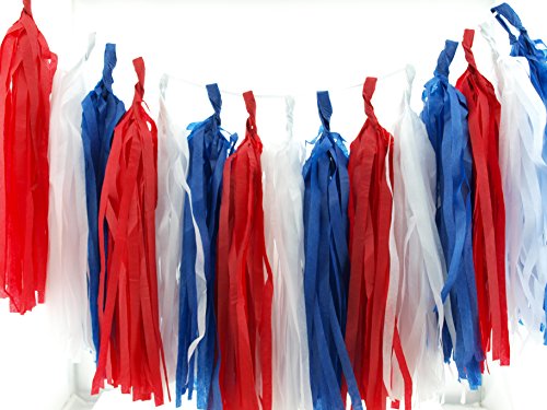 4th of July Party Garland, Red, White & Blue Paper Streamers (Set of 15) - Independence Day Party Supplies, USA Party Props, Patriotic Paper Flower Garland, Military Party Decorations