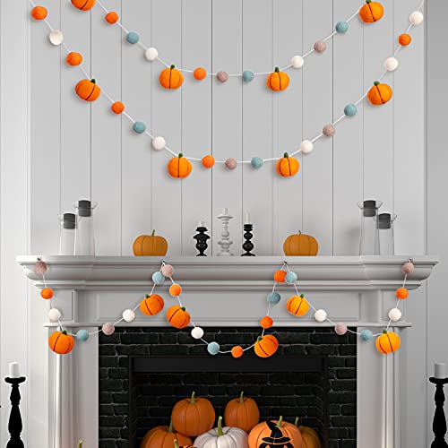 2 Pieces Fall Felt Pumpkin Ball Garland Orange Felt Ball Banner Fall Autumn Felt Ball Pom Pom Garland Felt Pumpkin Garland Decor for Fall Autumn Thanksgiving Home Hanging Party Favors, 70.9 Inches