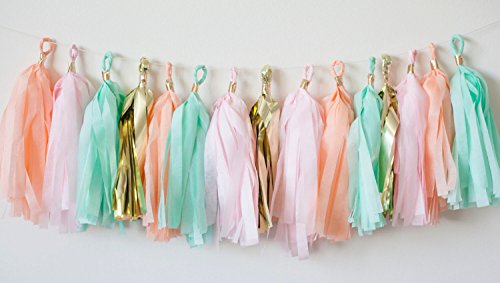 Hand Made 16 x Mint Pink Gold Apricot Tissue Paper Tassels for Party Wedding Gold Garland Bunting Pom Pom by Originals Group