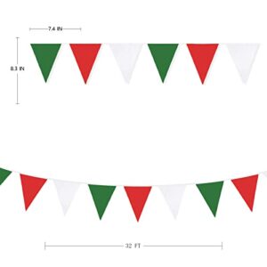 32Ft Red Green White Banner Party Decorations Christmas Triangle Flag Fabric Pennant Bunting Garland Streamers for Christmas Day X-mas Happy New Years Festivals Holiday Garden Hanging Decorations