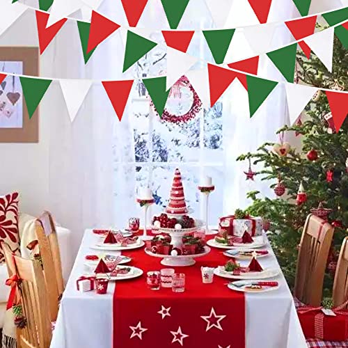 32Ft Red Green White Banner Party Decorations Christmas Triangle Flag Fabric Pennant Bunting Garland Streamers for Christmas Day X-mas Happy New Years Festivals Holiday Garden Hanging Decorations