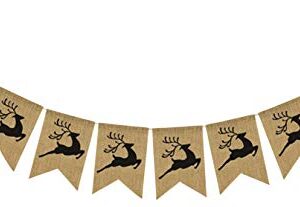 Santa's Sleigh & 7 Reindeer Burlap Banner - Ready to Hang Holiday Decor - Festive Christmas Seasonal Winter Decoration - Santa Sleigh Xmas Party Decorations - Santas Sleigh Garland by Jolly Jon