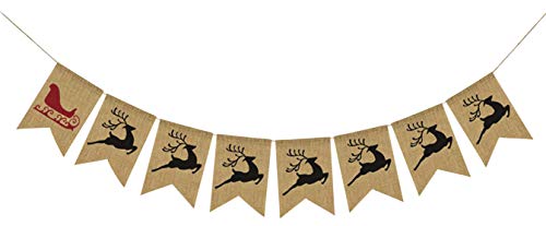 Santa's Sleigh & 7 Reindeer Burlap Banner - Ready to Hang Holiday Decor - Festive Christmas Seasonal Winter Decoration - Santa Sleigh Xmas Party Decorations - Santas Sleigh Garland by Jolly Jon