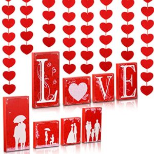 queekay 12 pcs red wooden love blocks valentines day table decoration love signs set with heart banner felt red heart shape hanging string garland party decor for wedding anniversary home supplies