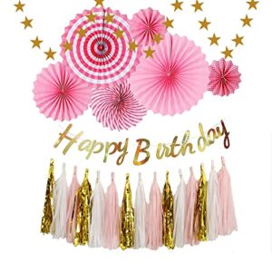 pink birthday party decorations kit pink paper fan flower star garland happy birthday banner pink white golden tassels party decor for girls and women