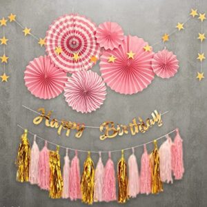 Pink Birthday Party Decorations Kit Pink Paper Fan flower Star Garland Happy Birthday Banner Pink White Golden Tassels Party Decor For Girls and Women