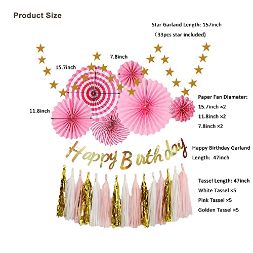 Pink Birthday Party Decorations Kit Pink Paper Fan flower Star Garland Happy Birthday Banner Pink White Golden Tassels Party Decor For Girls and Women