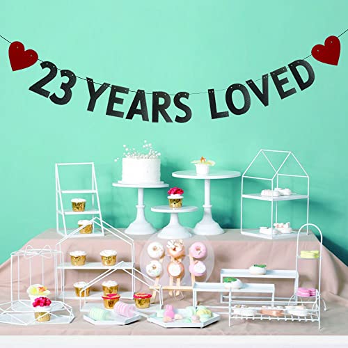 23 YEARS LOVED Banner，Pre-strung，23rd Birthday / Wedding Anniversary Party Decorations Supplies，Black Glitter Paper Garlands Backdrops, Letters Black Betteryanzi