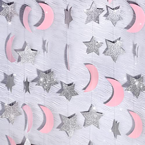 Moon and Star Garland Twinkle Twinkle Little Star of 2pcs Pink Silver Princess Birthday Party Decorations Pink Silver Moon Star Baby Shower Decorations 1st Birthday Garland Love You to the Moon