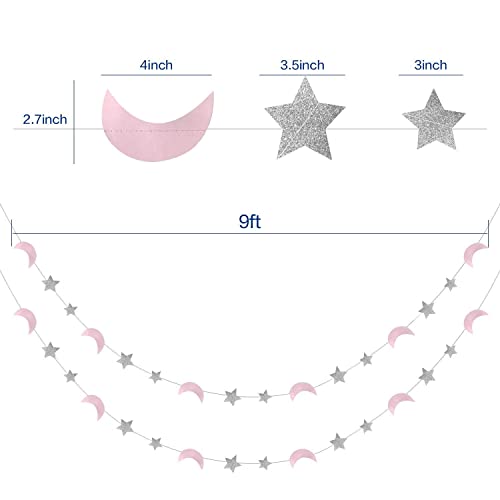 Moon and Star Garland Twinkle Twinkle Little Star of 2pcs Pink Silver Princess Birthday Party Decorations Pink Silver Moon Star Baby Shower Decorations 1st Birthday Garland Love You to the Moon