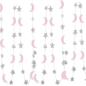 Moon and Star Garland Twinkle Twinkle Little Star of 2pcs Pink Silver Princess Birthday Party Decorations Pink Silver Moon Star Baby Shower Decorations 1st Birthday Garland Love You to the Moon